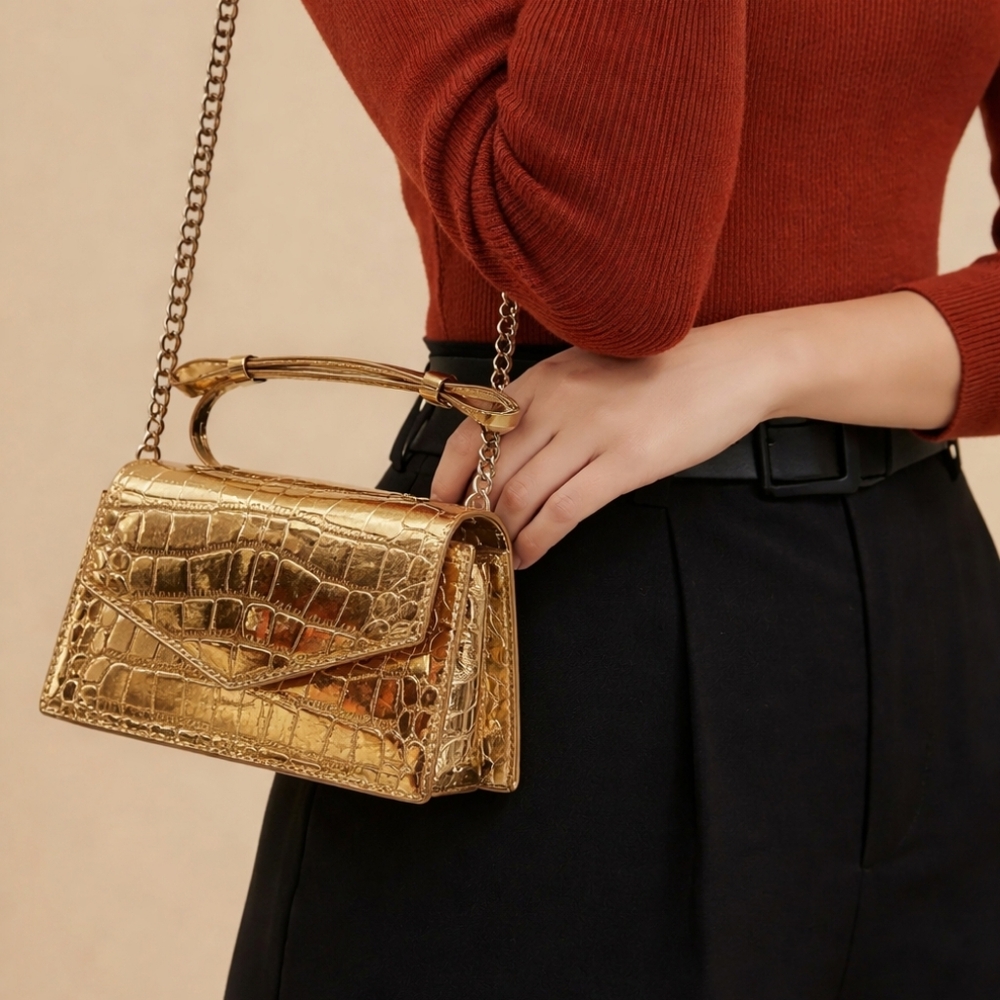 Metallic gold croc-embossed handbag